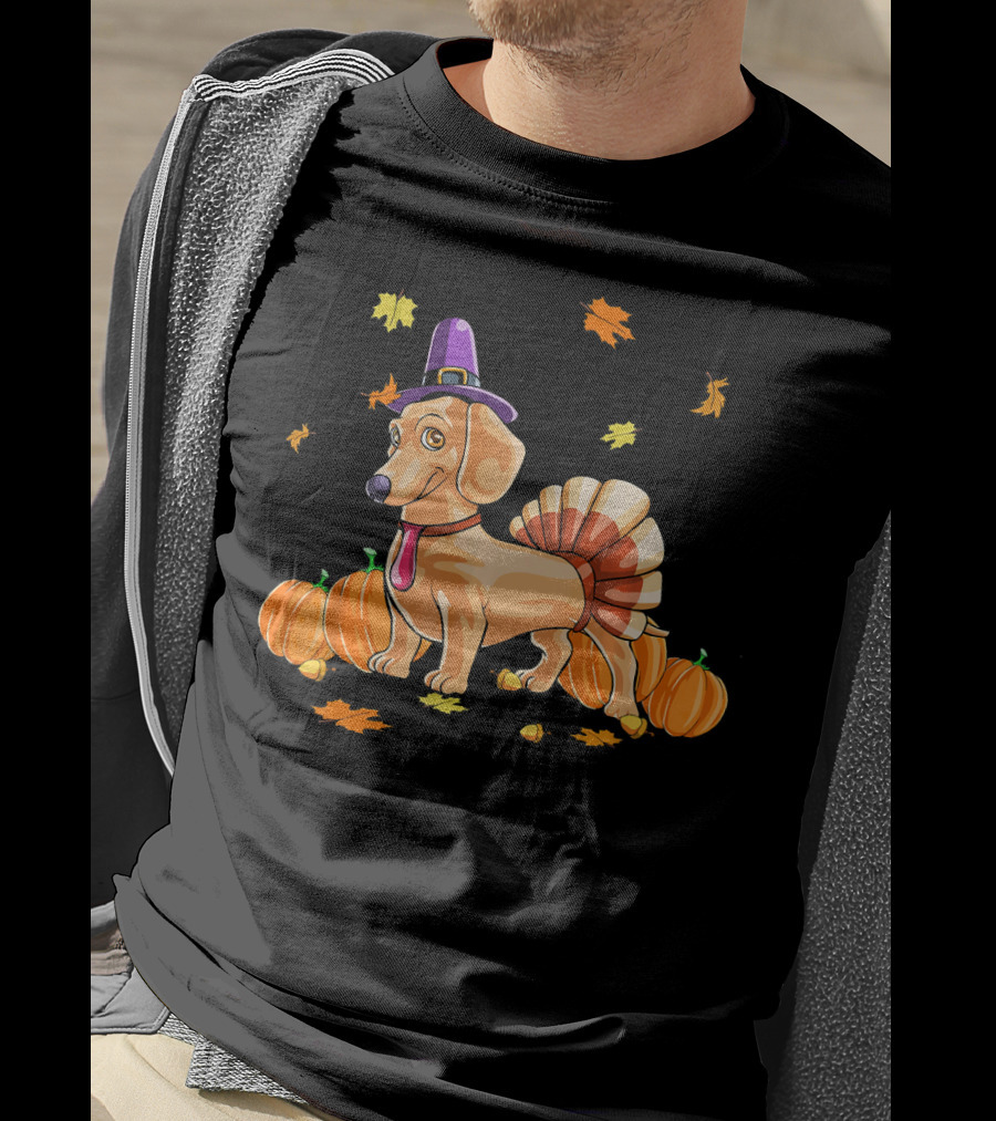 Happy Thanksgiving Dachshund Dressed As Turkey With Pumpkins And Fall Leaves T-Shirt