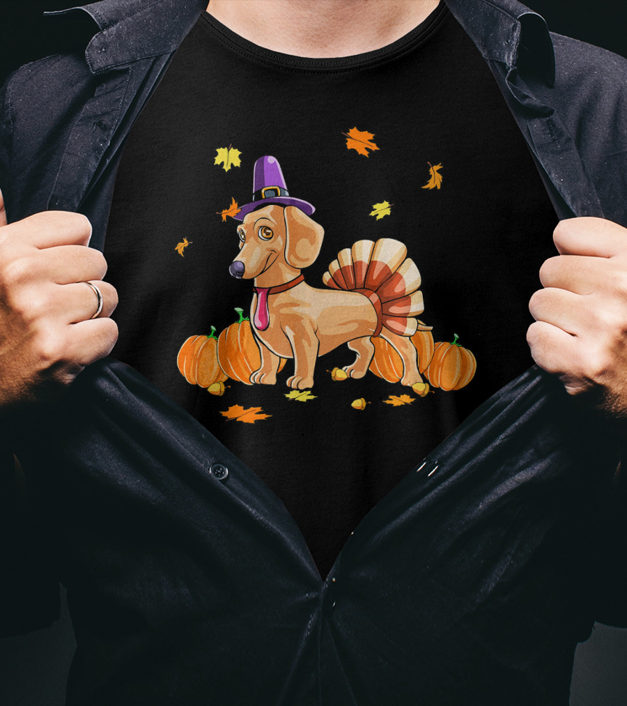 Happy Thanksgiving Dachshund Dressed As Turkey With Pumpkins And Fall Leaves T-Shirt