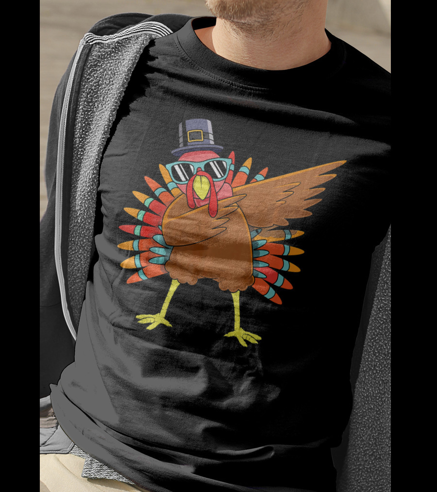 Funny Dabbing Turkey Dab Thanksgiving Bo Thanksgiving Turkey Dab Pilgrim Hat Sunglasses T-Shirt