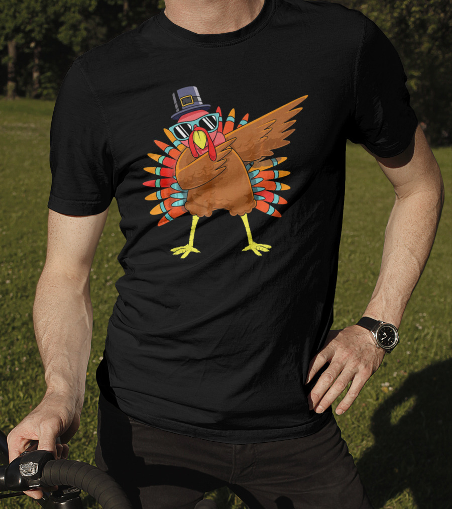 Funny Dabbing Turkey Dab Thanksgiving Bo Thanksgiving Turkey Dab Pilgrim Hat Sunglasses T-Shirt