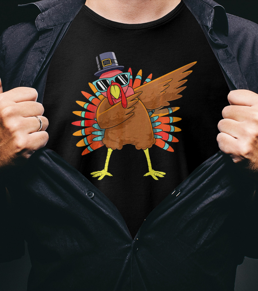 Funny Dabbing Turkey Dab Thanksgiving Bo Thanksgiving Turkey Dab Pilgrim Hat Sunglasses T-Shirt