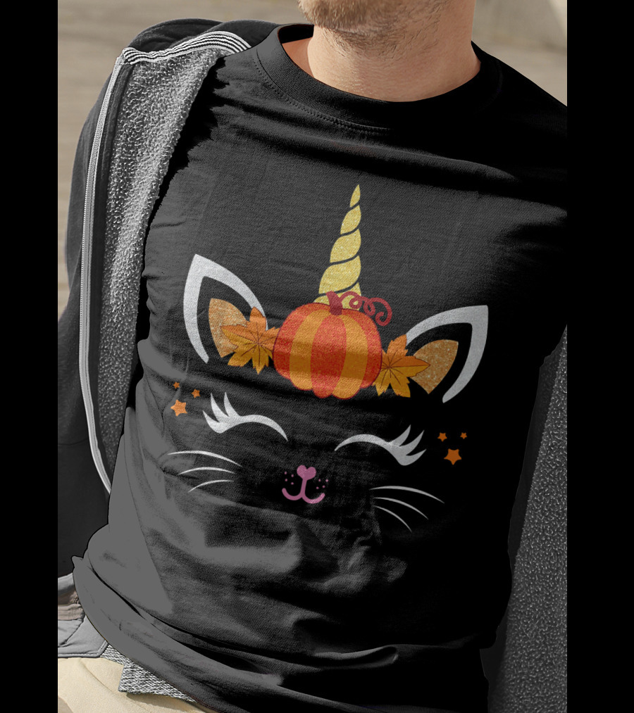 Unicorn Cat Pumpkin Autumn Leaf Face With Stars Fal T-Shirt