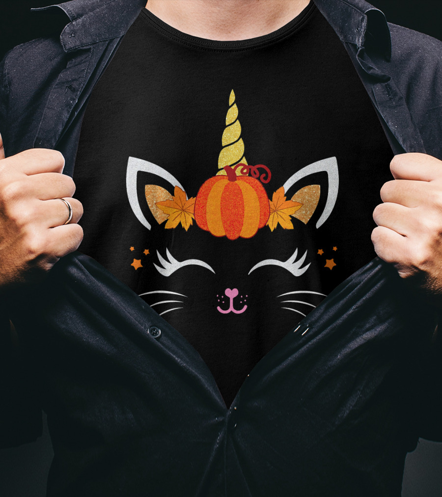 Unicorn Cat Pumpkin Autumn Leaf Face With Stars Fal T-Shirt