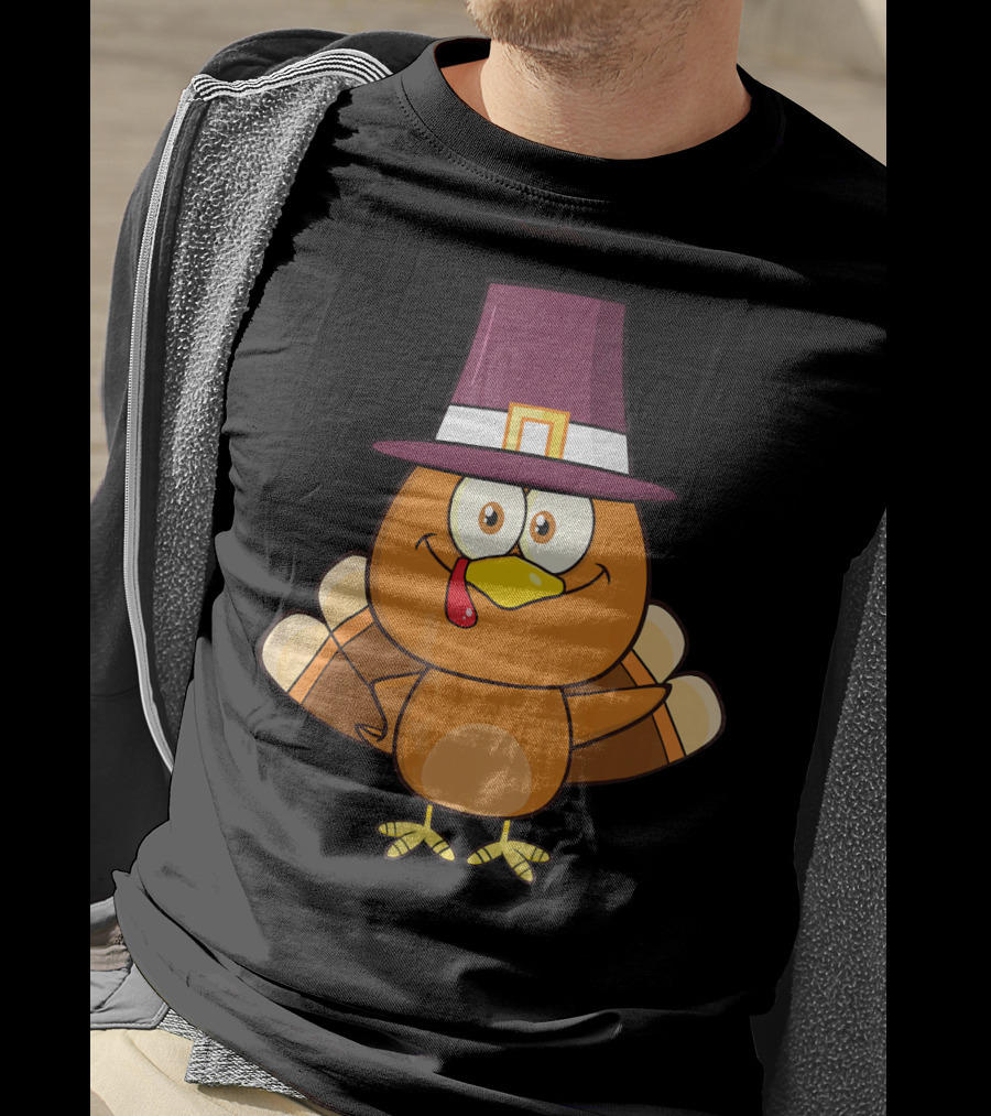 Cute Turkey Pilgrim With Hat And Feathered Wings T-Shirt