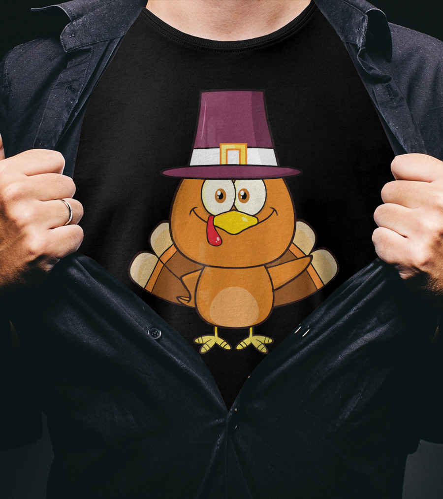 Cute Turkey Pilgrim With Hat And Feathered Wings T-Shirt