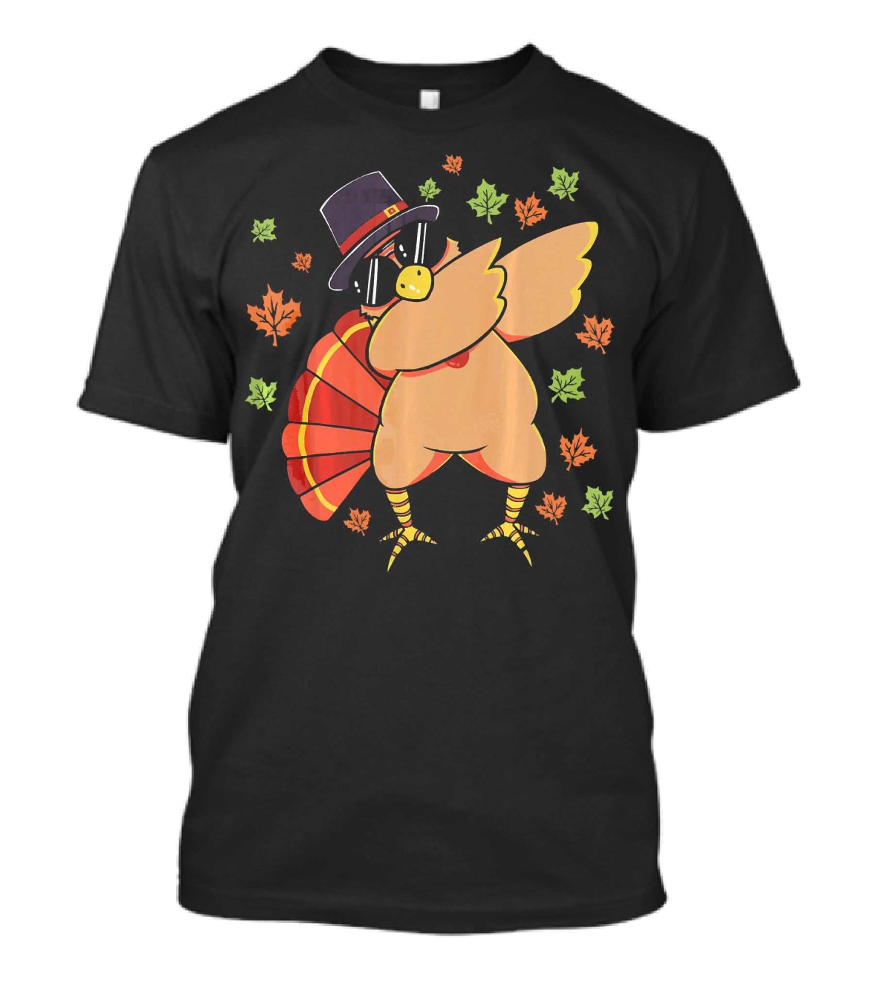 Cute Dabbing Turkey With Sunglasses And Pilgrim Hat Surrounded By Autumn Leaves T-Shirt