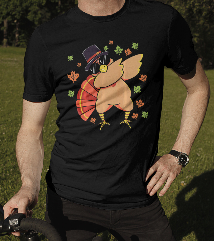 Cute Dabbing Turkey With Sunglasses And Pilgrim Hat Surrounded By Autumn Leaves T-Shirt