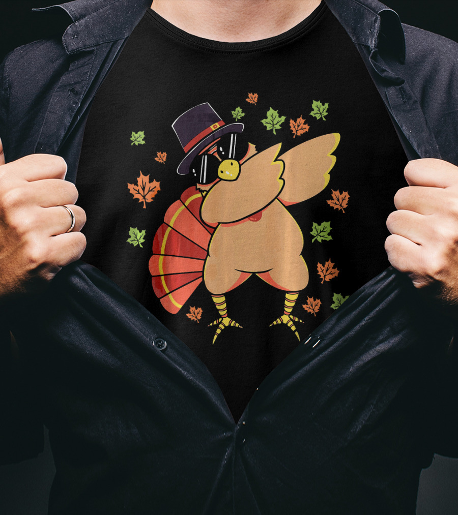 Cute Dabbing Turkey With Sunglasses And Pilgrim Hat Surrounded By Autumn Leaves T-Shirt