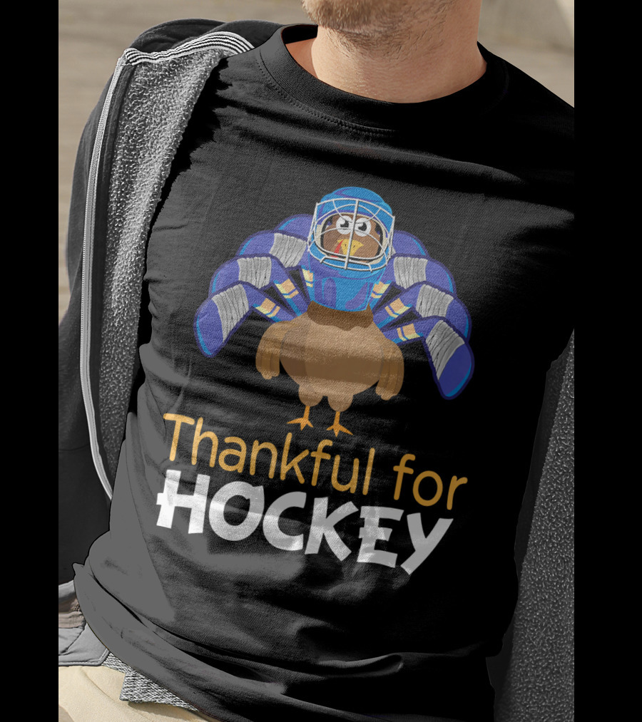 Thankful For Hockey Funny Turkey With Goalie Mask And Stick Feathers T-Shirt