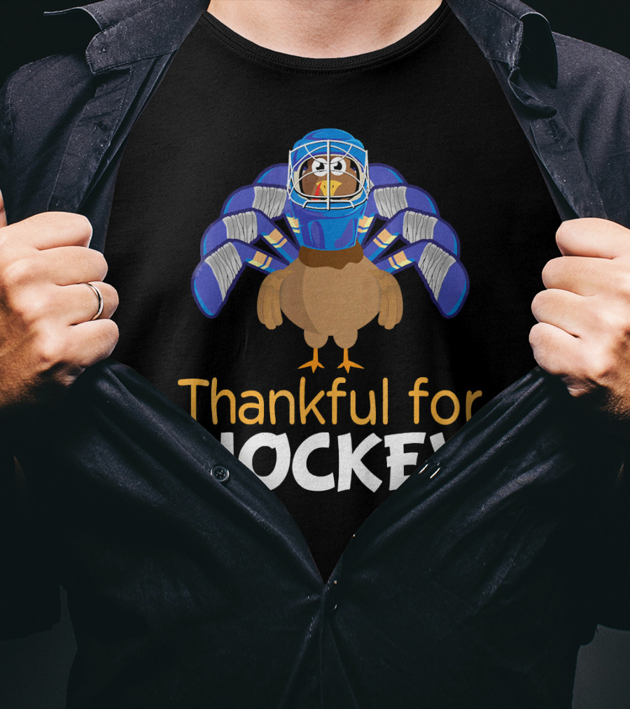 Thankful For Hockey Funny Turkey With Goalie Mask And Stick Feathers T-Shirt