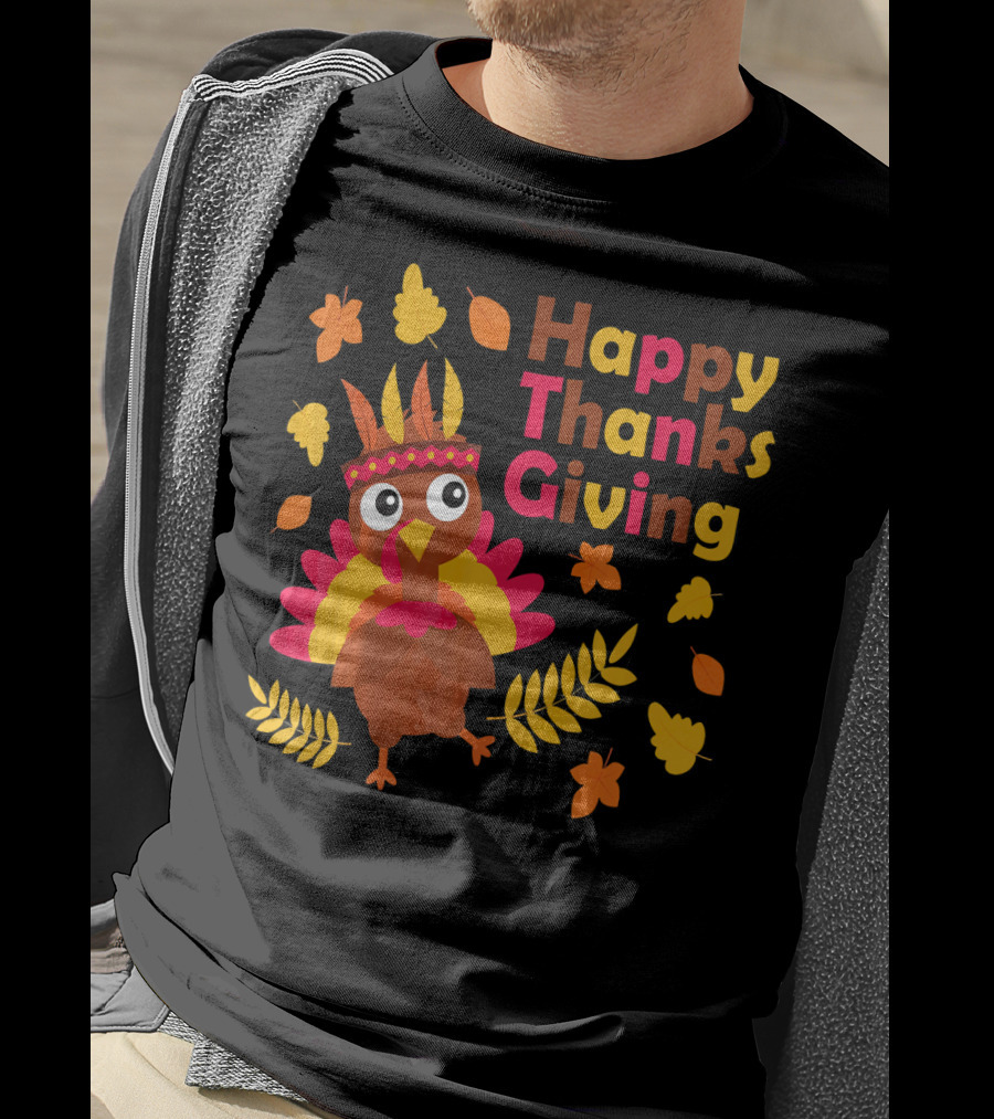 Happy Thanksgiving Cute Turkey With Native American Inspired Details And Autumn Leaves T-Shirt