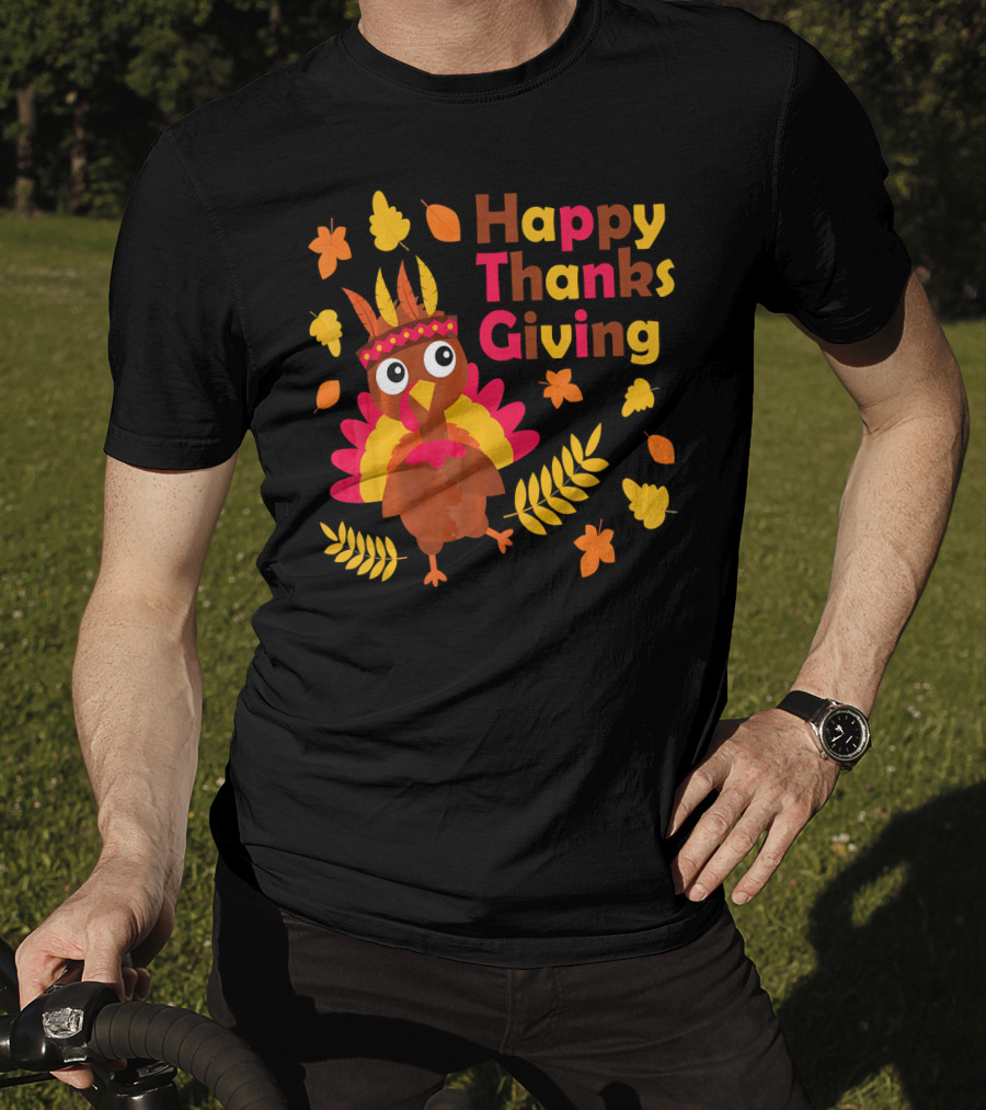 Happy Thanksgiving Cute Turkey With Native American Inspired Details And Autumn Leaves T-Shirt
