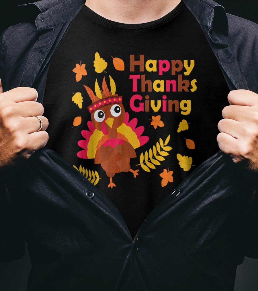 Happy Thanksgiving Cute Turkey With Native American Inspired Details And Autumn Leaves T-Shirt