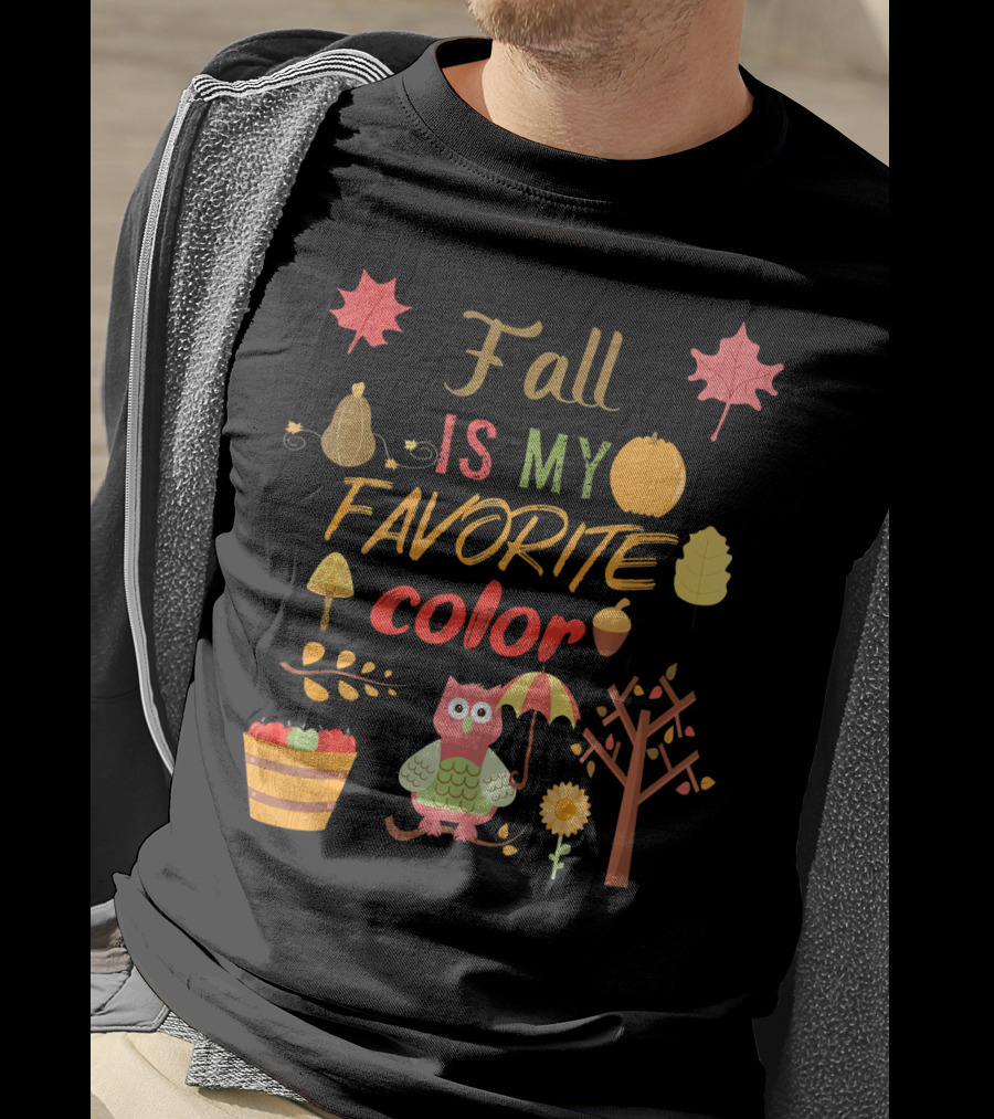 Fall Is My Favorite Color Owl With Umbrella Autumn Harvest Leaves Pumpkin Acorn T-Shirt