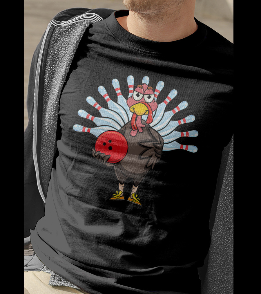 Thanksgiving Turkey Holding Bowling Ball With Pin Feathers T-Shirt