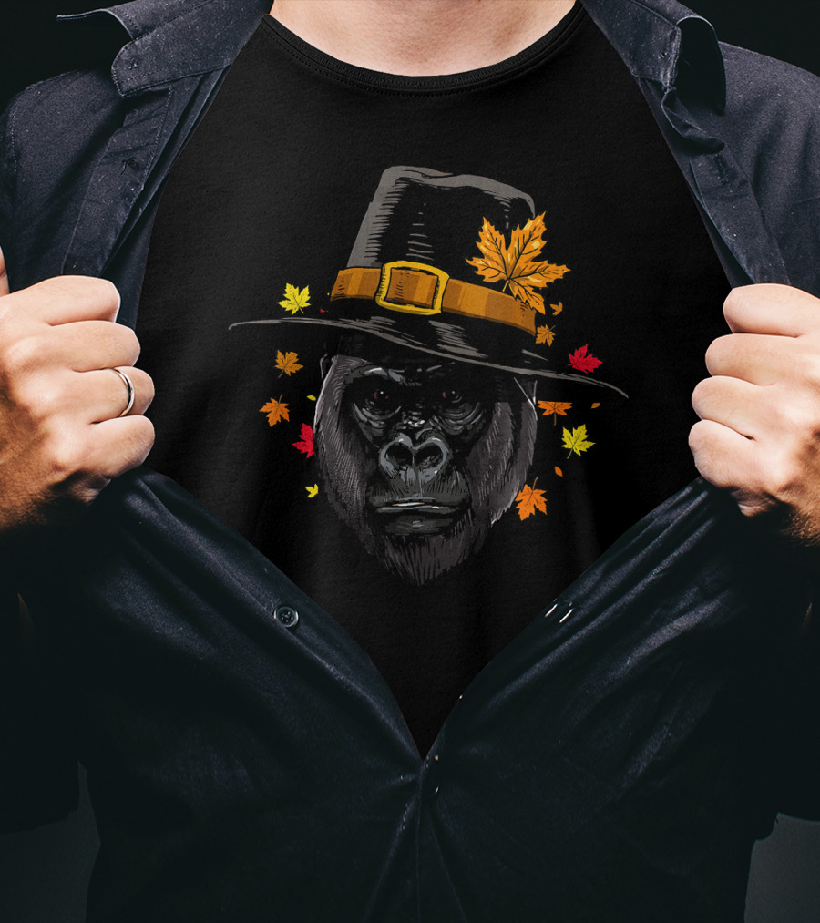 Thanksgiving Gorilla In Pilgrim Hat With Autumn Leaves T-Shirt