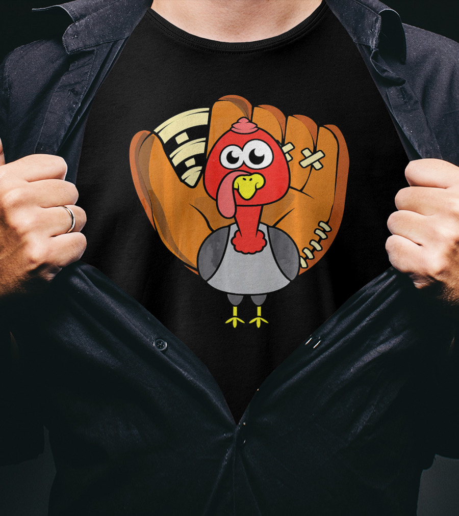 Turkey Day Cute Thanksgiving Boys Turkey With Baseball Glove T-Shirt