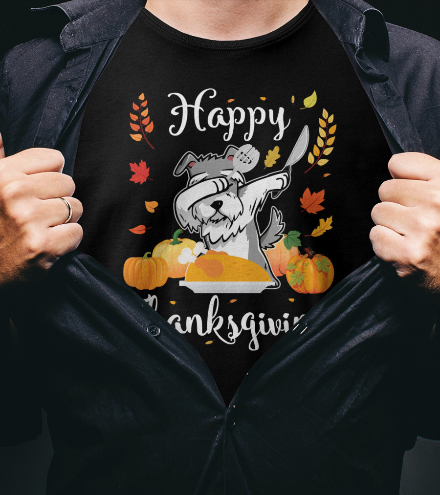 Happy Thanksgiving Schnauzer Dabbing With Turkey And Pumpkins T-Shirt