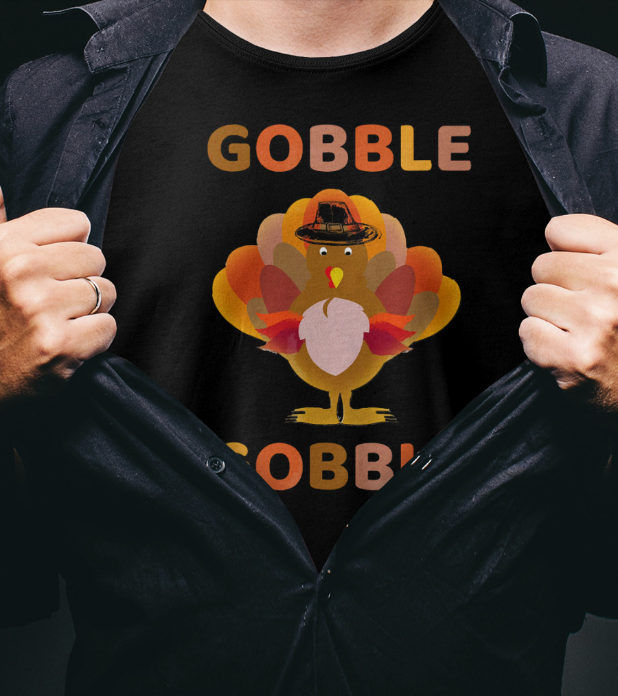 Gobble Gobble Thanksgiving Turkey With Pilgrim Hat T-Shirt
