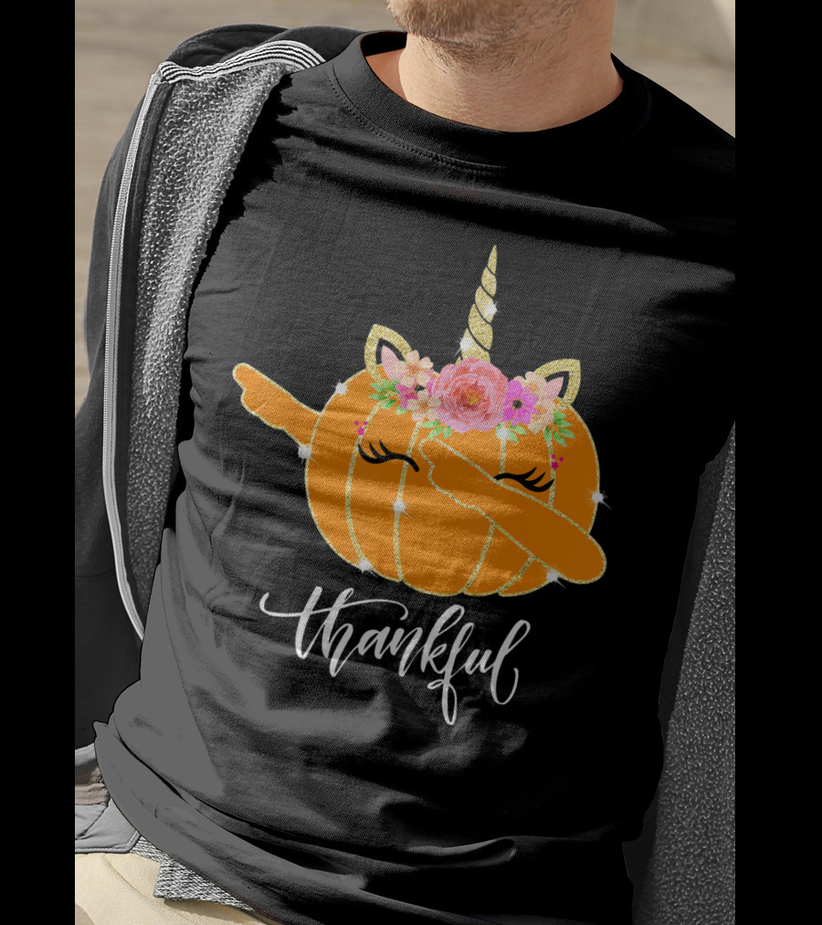 Thankful Dabbing Pumpkin Unicorn With Floral Crown T-Shirt