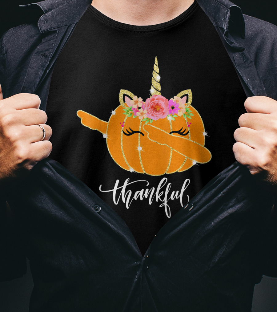 Thankful Dabbing Pumpkin Unicorn With Floral Crown T-Shirt