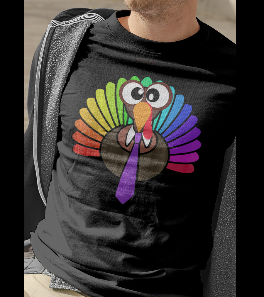 Turkey Face Tie Thanksgiving Colorful Feathers T-Shirt