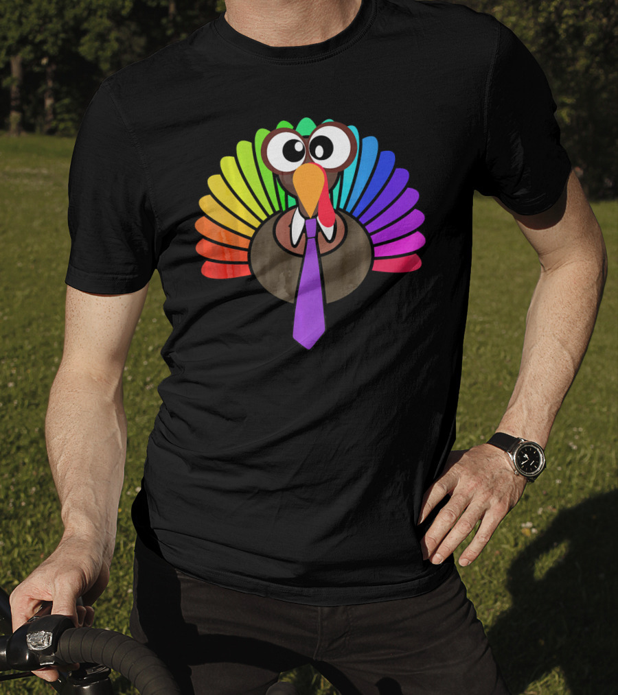 Turkey Face Tie Thanksgiving Colorful Feathers T-Shirt