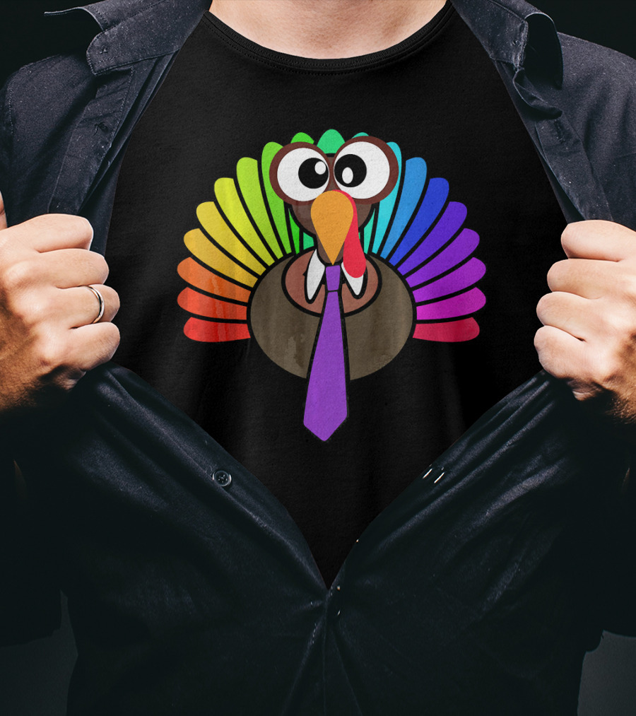 Turkey Face Tie Thanksgiving Colorful Feathers T-Shirt