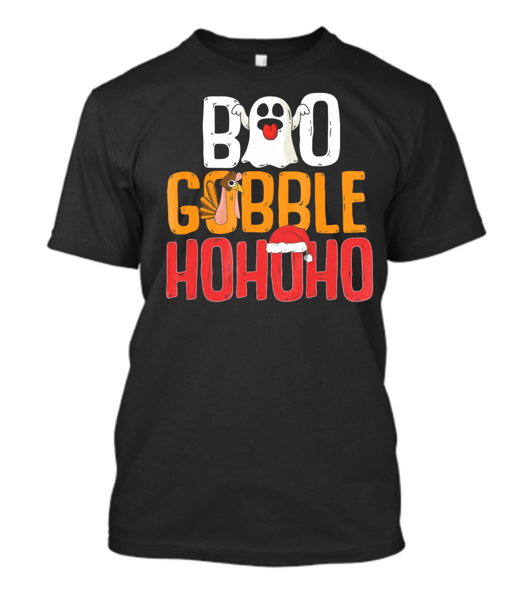 BOO GOBBLE HOHOHO Ghost Turkey Santa Hat T-Shirt