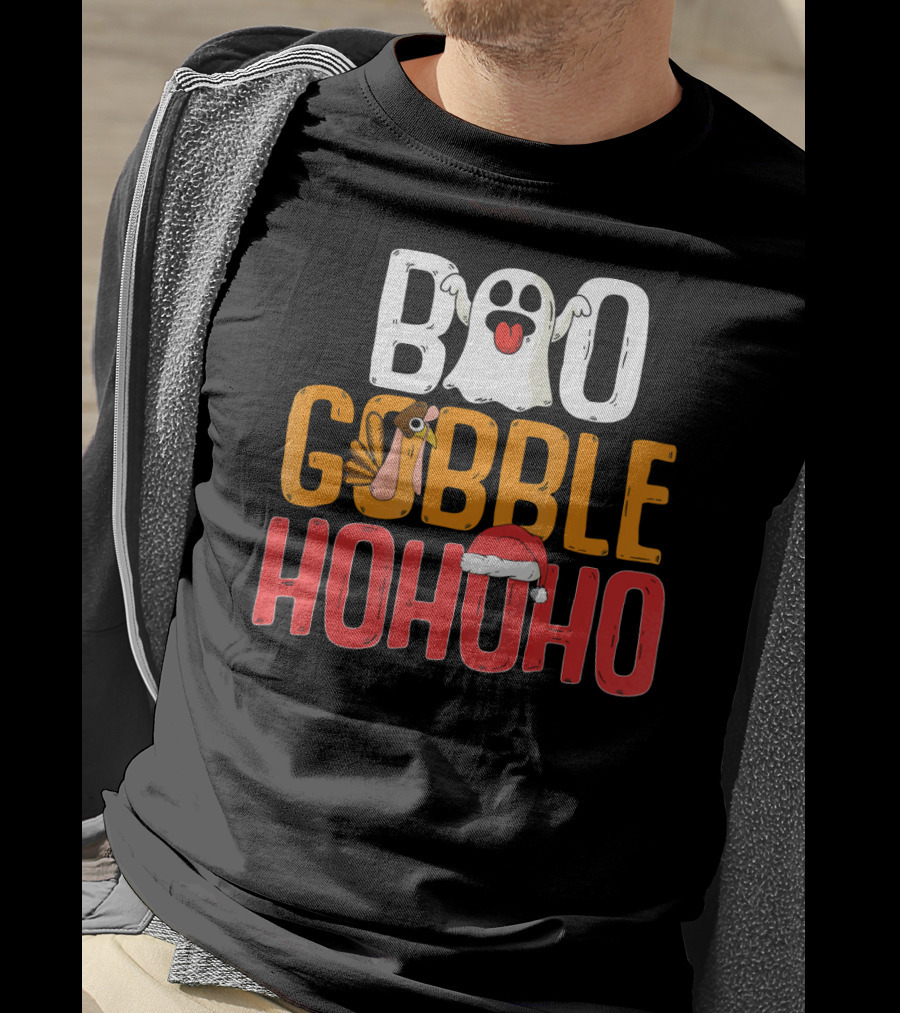 BOO GOBBLE HOHOHO Ghost Turkey Santa Hat T-Shirt