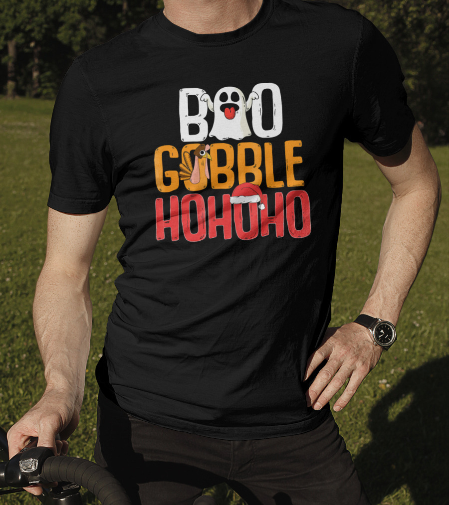 BOO GOBBLE HOHOHO Ghost Turkey Santa Hat T-Shirt