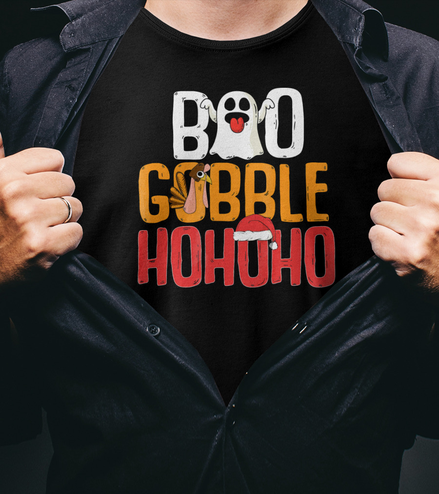 BOO GOBBLE HOHOHO Ghost Turkey Santa Hat T-Shirt