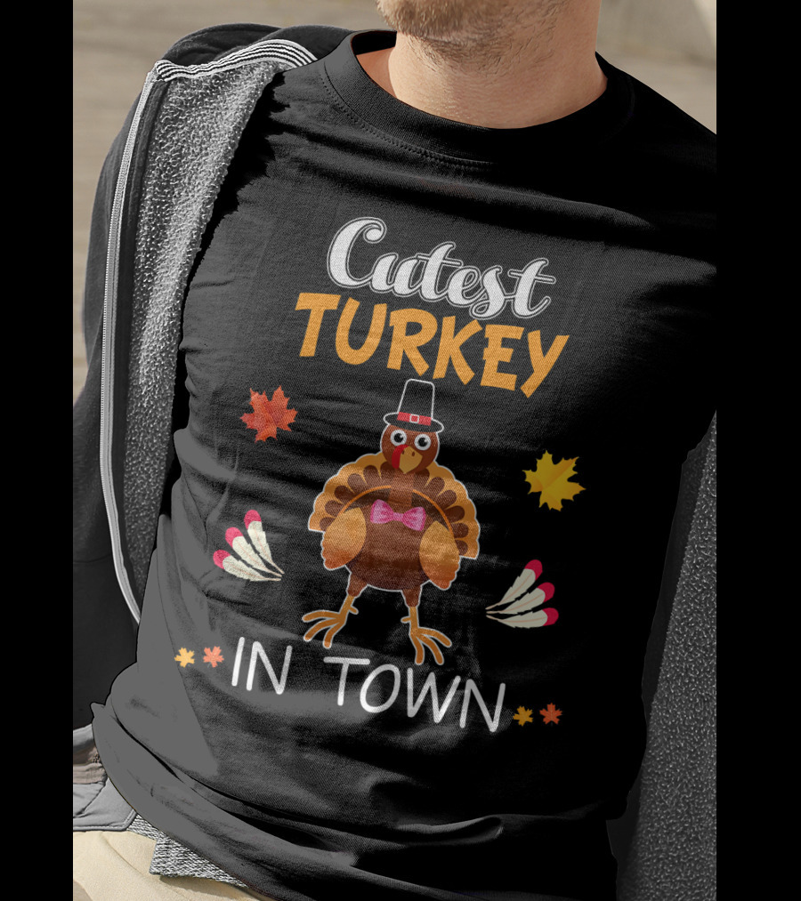 Cutest Turkey In Town Cute Turkey Fall Leaves Bowtie T-Shirt