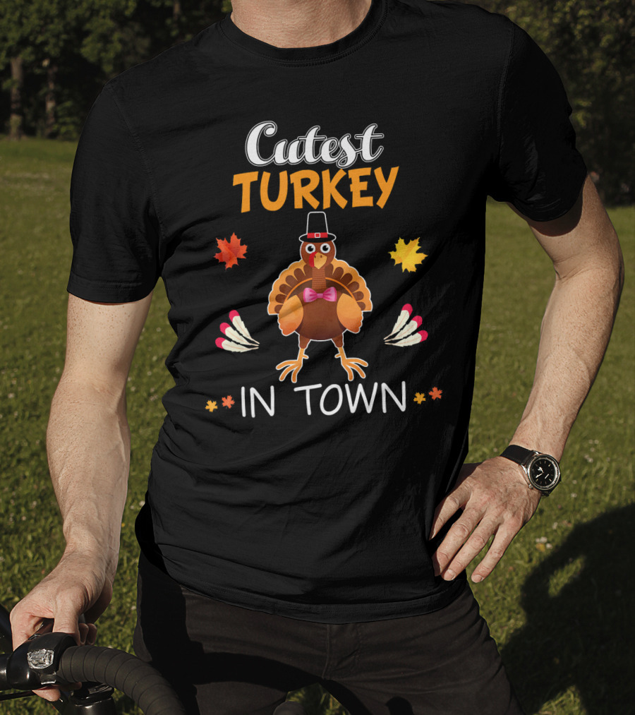 Cutest Turkey In Town Cute Turkey Fall Leaves Bowtie T-Shirt