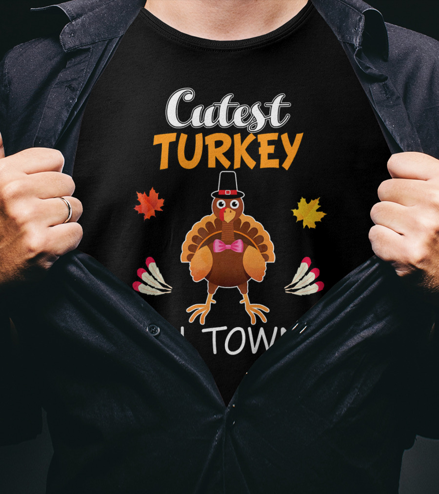 Cutest Turkey In Town Cute Turkey Fall Leaves Bowtie T-Shirt