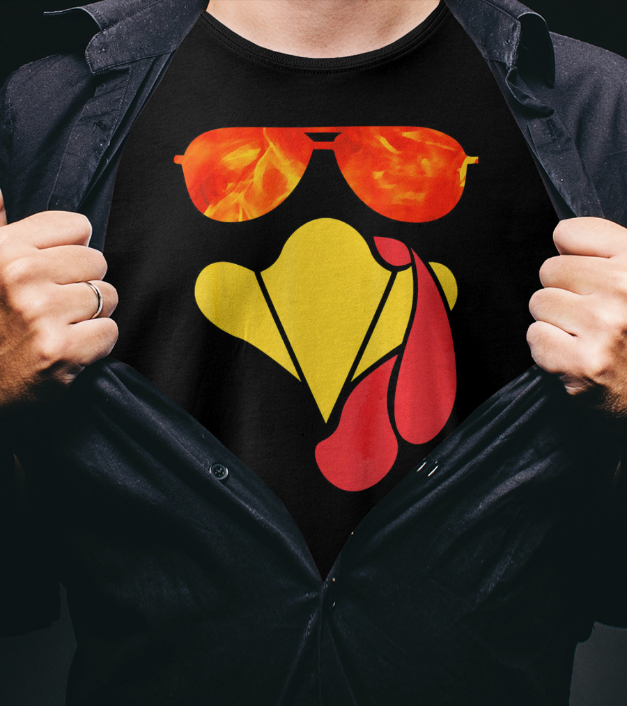 Turkey Face Thanksgiving Sunglasses Fire Flame T-Shirt