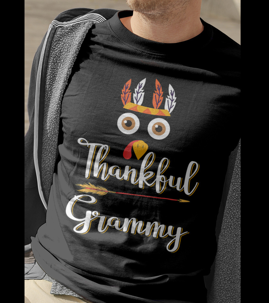 Thankful Grammy Turkey Face With Feather Headband And Arrow T-Shirt