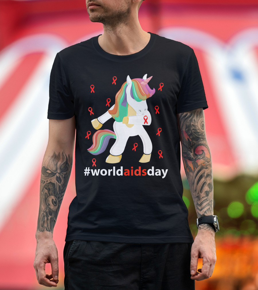 WorldAIDSDay Unicorn with Red Ribbons December 1st T-Shirt