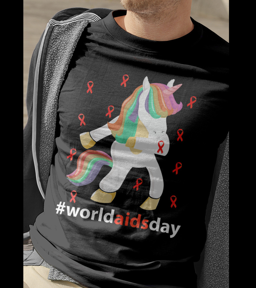 WorldAIDSDay Unicorn With Red Ribbons December 1st T-Shirt