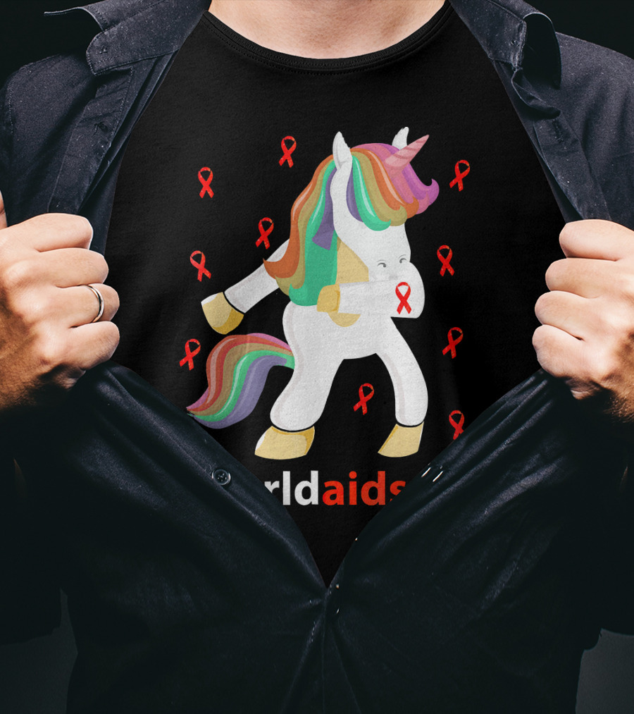 WorldAIDSDay Unicorn With Red Ribbons December 1st T-Shirt
