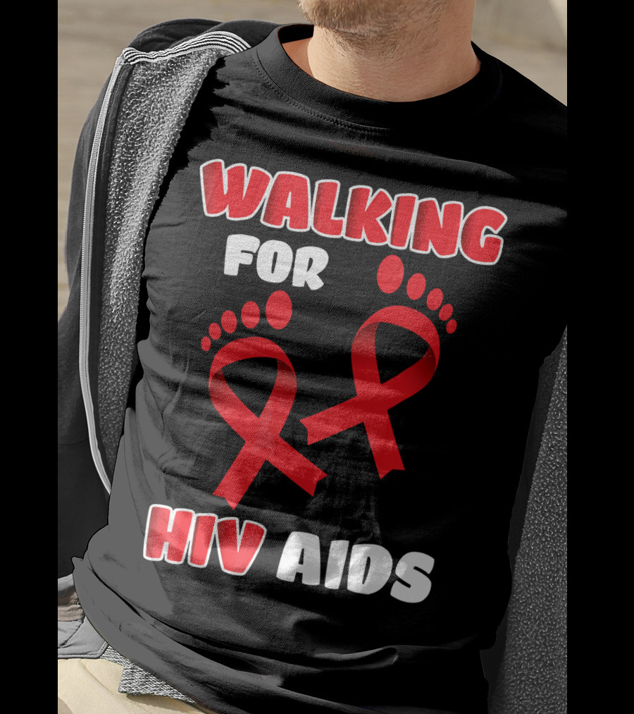 Walking For Hiv Aids Awareness With Red Ribbon Footprint T-Shirt