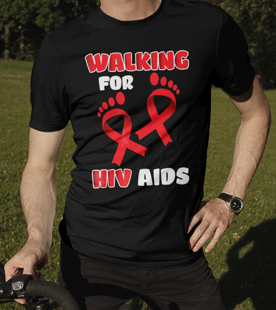 Walking For Hiv Aids Awareness With Red Ribbon Footprint T-Shirt