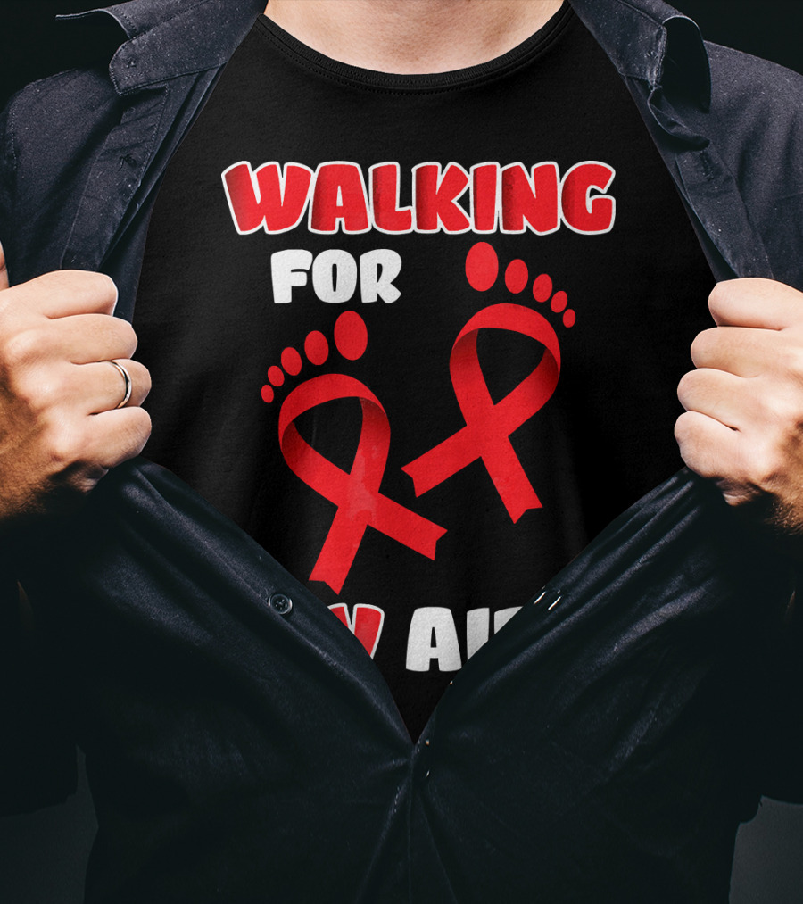 Walking For Hiv Aids Awareness With Red Ribbon Footprint T-Shirt