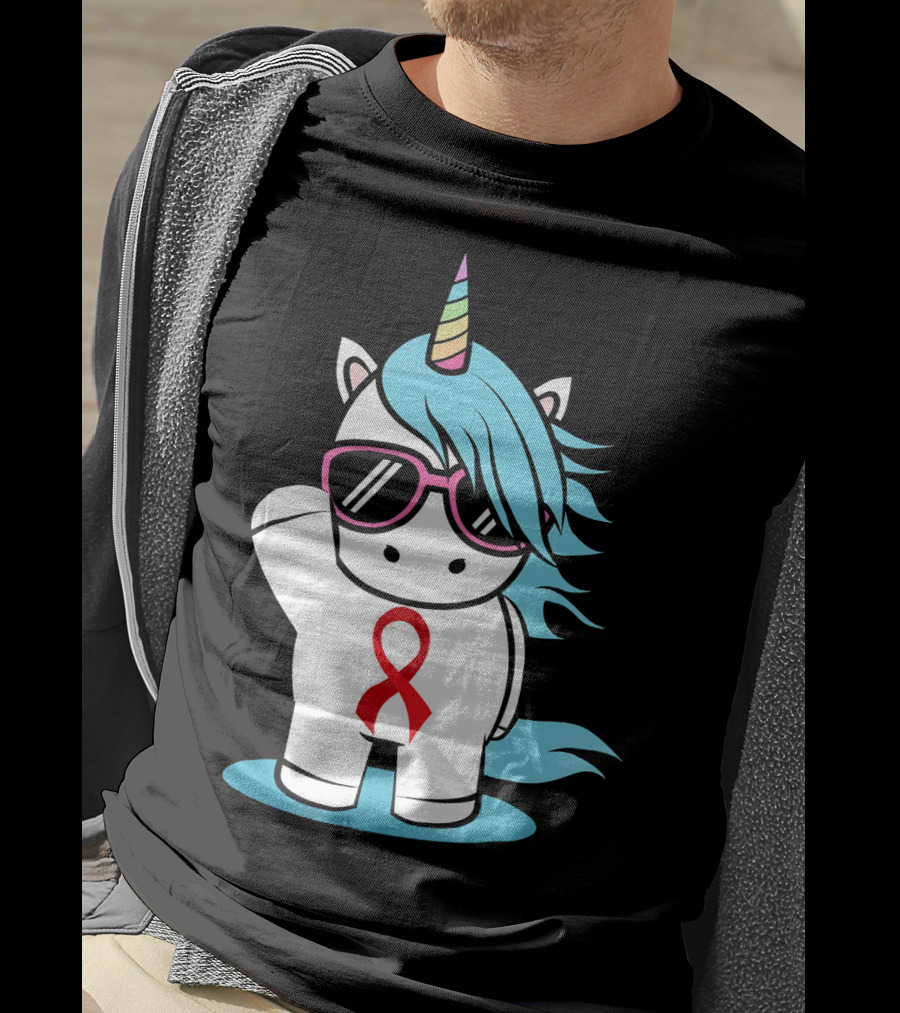 Unicorn With Sunglasses Red Ribbon Aids Awareness HIV Stigma Support T-Shirt