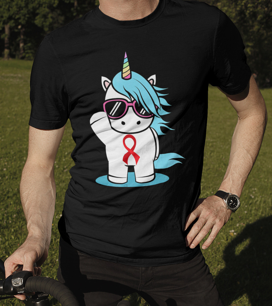 Unicorn With Sunglasses Red Ribbon Aids Awareness HIV Stigma Support T-Shirt