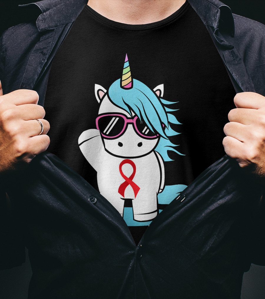 Unicorn With Sunglasses Red Ribbon Aids Awareness HIV Stigma Support T-Shirt