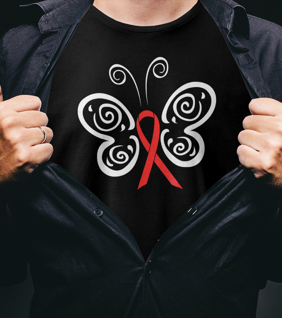 Red Ribbon Butterfly HIV Blood Cancer Awareness T-Shirt