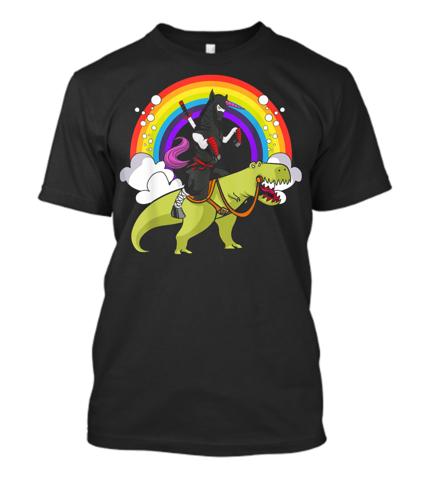 Ninja Unicorn Samurai Riding Rex Dinos Under Rainbow T-Shirt