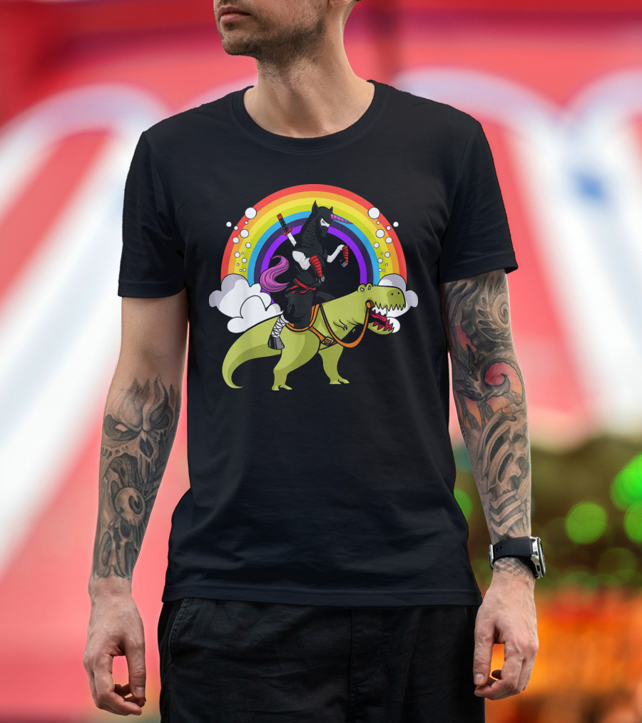 Ninja Unicorn Samurai Riding Rex Dinos Under Rainbow T-Shirt