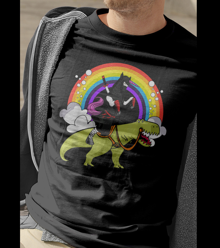 Ninja Unicorn Samurai Riding Rex Dinos Under Rainbow T-Shirt